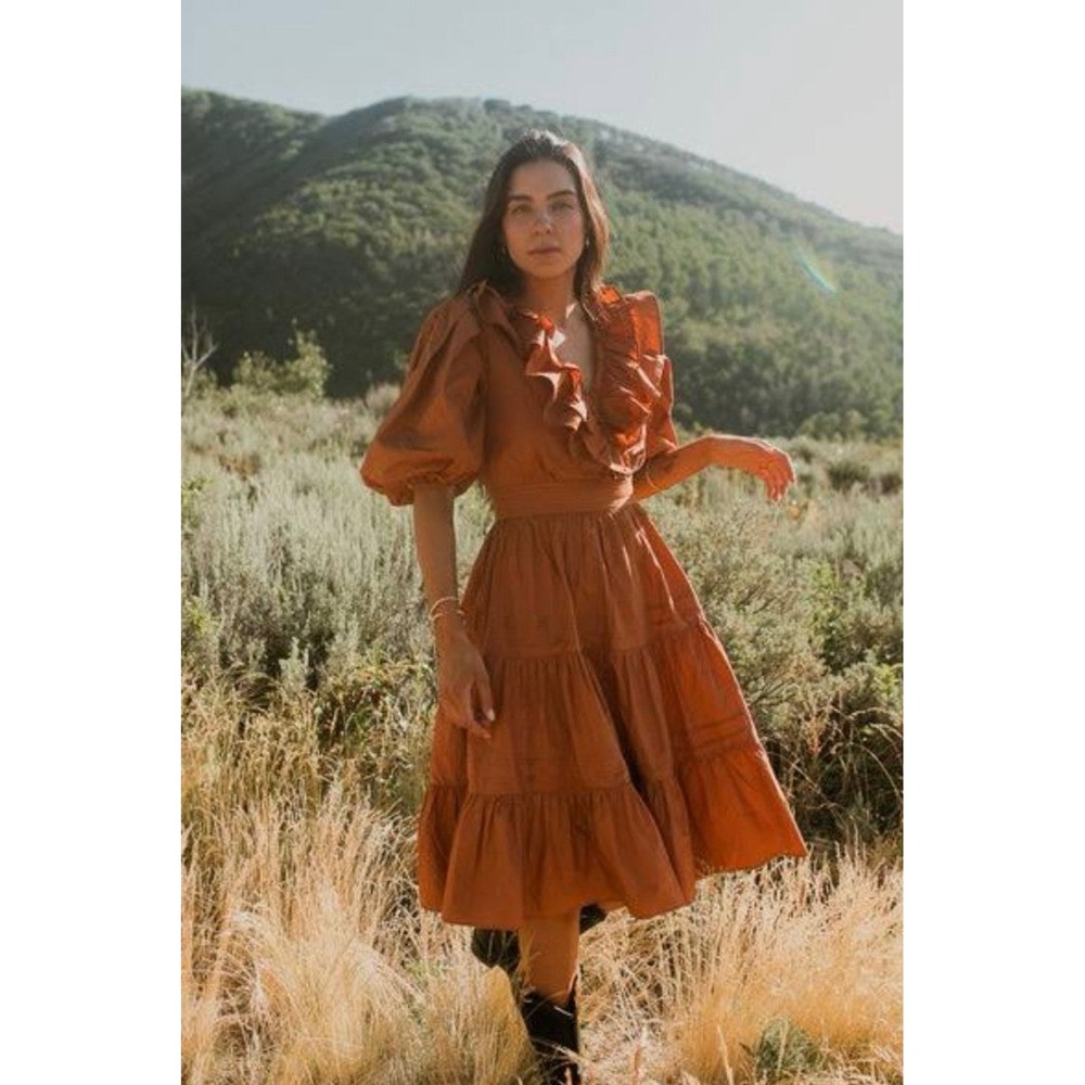 NEW Ivy City Co Women Cotton Poplin Dress 1X Rust Orange Tiered Midi Cottage